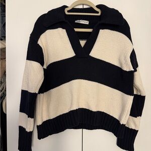 Zara Navy and White Striped V-Neck Polo Sweater